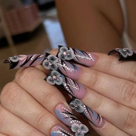 Andrea O. ♥ on Instagram: "🩵✨   #nails #early2000s #y2k #acrylicnails #3dflowernails #blingnails #swarovskinails" 3d Flower Nails, Punk Nails, Swarovski Nails, Nail Art Set, Flower Nail Designs, Striped Nails, Unique Acrylic Nails, Nail Forms, Pink Acrylic Nails