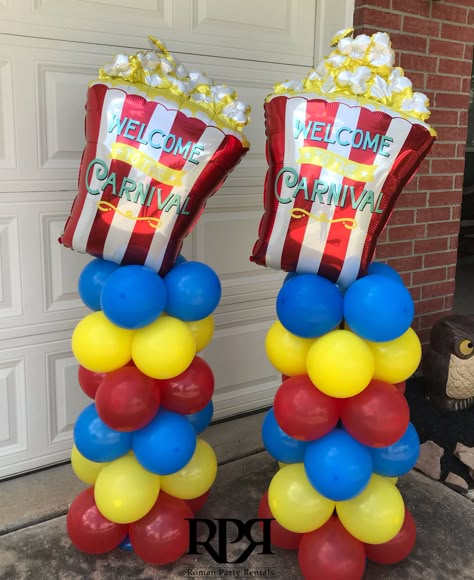 Carnival Birthday Party Balloon Arch, Carnival Balloon Columns, Carnival Birthday Party Table Decor, Carnival Themed Decorations, Indoor Carnival Decorations, Carnival Table Decor, Carnival Theme Party Decorations Diy, Carnival Balloon Decorations, Carnival Graduation Party