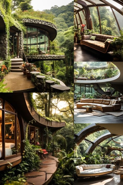 Jungle Home Exterior, Jungle Bungalow, Underground Architecture, Environment Architecture, Jungle Lodge, Land Scapes, Jungle Home, Architecture Design Presentation, Slope House