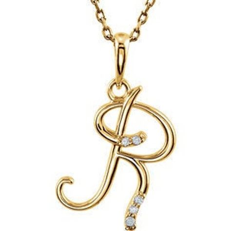 14k Yellow Gold 14k Rose Gold 14k White Gold or Sterling Silver .03 CTW Diamond Script Letter R Initial Alphabet Necklace 18 inches Custom Made Metal: 14k Gold or Sterling Silver Necklace Length: 18 inches Pendant or Charm: 21.5mm x 13.1mm (0.85 inch x 0.53 inch) Chain Width: 1mm Chain Type: Cable Chain Clasp: Spring Ring Clasp Each 14K Gold Pendant comes set with: Quantity Stone (For 14K GOLD) 5 pcs 01.00 MM (00.95 - 01.15) Full Cut, I1 ROUND FULL CUT G-H GENUINE DIAMOND Each Sterling Silver Pe R Initial Necklace, Rose Gold Statement Necklace, R Initial, Gold Initial Pendant, Alphabet Necklace, Jewelry Designing, Rose Gold Pendant, Letter R, Yellow Gold Pendants