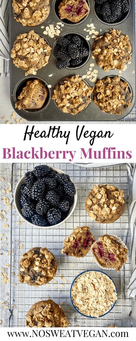 Vegan Blackberry Muffins (Oil-free & WFPB) These Vegan Blackberry Muffins are lightly sweetened and topped with a delicious oat streusel! They're whole wheat, oil-free, and refined-sugar-free. Perfect for breakfast, snacks, packed lunches, and dessert! Healthy Vegan Breakfast Muffins, Vegan Blackberry Muffins, Vegan Oil Free Muffins, Wfpb Blueberry Muffins, Vegan Oil Free Apple Muffins, Vegan Gf Blueberry Muffins, Blackberry Muffin Recipe, Blackberry Muffins, Blackberry Muffin