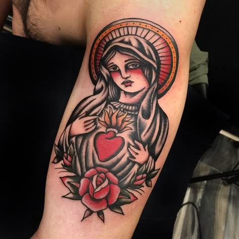 American Traditional Mother Mary Tattoo, American Traditional Tattoos Virgin Mary, American Traditional Mary Tattoo, American Traditional Saint Tattoo, American Traditional Virgin Mary Tattoo, Traditional Religious Tattoo, American Traditional Angel Tattoo, Jesus Traditional Tattoo, Angel Tattoo Traditional