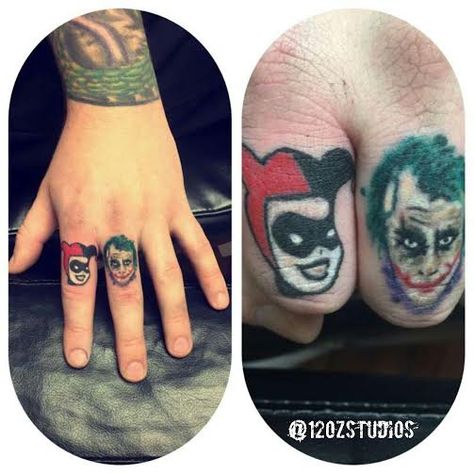 Rad finger tattoos featuring Harley Quinn and the Joker from Batman by Jose Bolorin. Joker And Harley Tattoo, Harley Tattoo, Batman Tattoos, Harley Quinn And The Joker, Joker Tattoos, Tatts Ideas, Harley Tattoos, Dogs Tattoo, Harley Quinn Tattoo