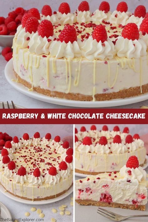 Recipe for No Bake Raspberry & White Chocolate Cheesecake - buttery biscuit base, creamy white chocolate and raspberry filling - yummy! #thebakingexplorer #nobakecheesecake #raspberrywhitechocolate #cheesecakerecipe #raspberries Raspberry And White Chocolate Cheesecake, Chocolate Cheesecake No Bake, Raspberry White Chocolate Cheesecake, Raspberry And White Chocolate, Cheesecake No Bake, White Chocolate Raspberry Cheesecake, Christmas Cheesecake, Raspberry White Chocolate, White Chocolate Recipes