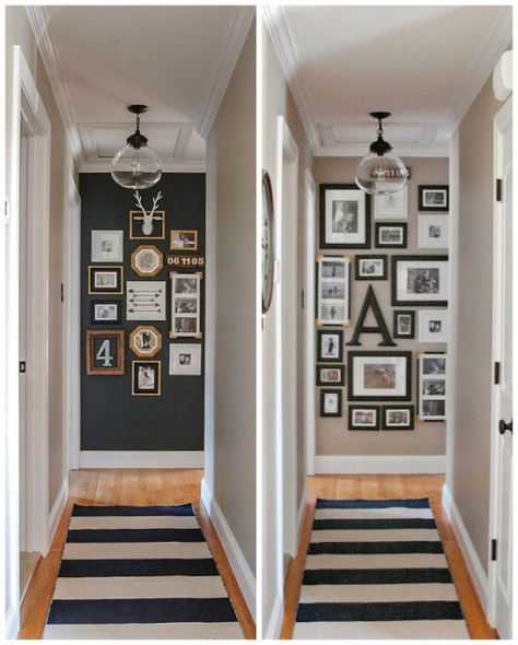 Hall Gallery Wall, Hallway Wall Ideas, Hallway Update, End Of Hallway, Hallway Gallery Wall, Hallway Paint, Hallway Walls, Stripping Furniture, Narrow Hallway Decorating