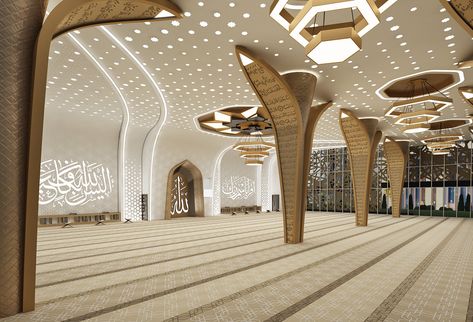 MOSQUE INTERIOR @ KSA on Behance Mosque Modern Design, Mosque Interior Design Modern, Islamic Architecture Interior, Modern Mosque Interior, Small Mosque Design, Masjid Interior Design, Small Mosque Design Interior, Modern Mosque Design, Interior Mosque