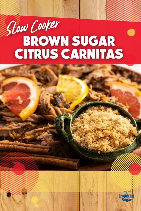 What's for dinner? It should be this Brown Sugar Citrus Carnitas recipe. These carnitas are a traditional Mexican dish with a Texas twist that can be prepped in under ten minutes and are cooked in the slow cooker. Brown sugar, ruby red grapefruit, and orange juice help to tenderize our carnitas, while oregano, cumin, ground cinnamon and jalapeño give these carnitas a burst of flavor. Great for a Cinco De Mayo party or a weeknight dinner! Visit ImperialSugar.com for the recipe! Pork Kabobs, Asian Seasoning, Traditional Mexican Dishes, Boneless Pork Shoulder, Carnitas Recipe, Ruby Red Grapefruit, Mexican Dish, Brunch Spread, Spanish Recipes