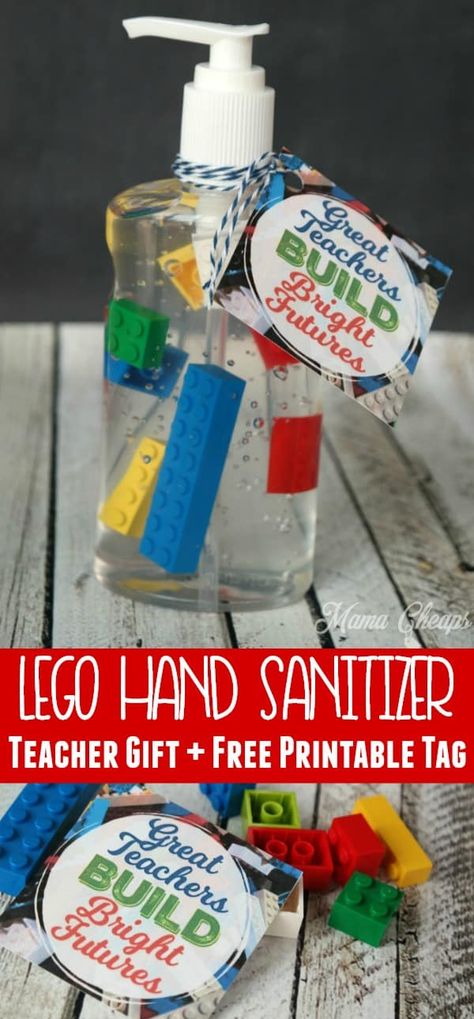 LEGO Hand Sanitizer Teacher Gift + Free Printable Tag | Mama Cheaps® Verjaardagstraktaties Op School, Lego Teacher, Lego Hand, Lego Crafts, Domestic Engineer, Teacher Appreciation Diy, Children Ministry, Appreciation Gifts Diy, Teacher Appreciation Gifts Diy