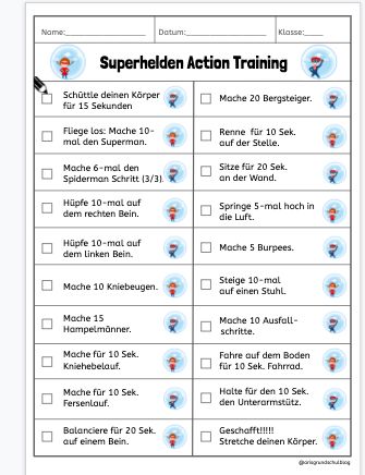 Superhelden Action Training Bullet Journal 2020, Easy Dance, Kids Training, Homeschool Organization, Athletic Training, Kids Corner, Burpees, School Sports, Outdoor Workouts