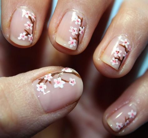 50 Flower Nail Art Designs | Cuded Nail Art Fleur, Cherry Blossom Nails Art, Blossom Nails, Cherry Blossom Nails, Floral Nail Designs, Nail Art Gel, Nail Tutorial, Flower Nail Designs, Floral Nail Art