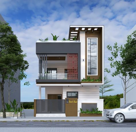 West Facing House Elevation, Narrow Home Design, Duplex House Front Elevation, Executive Office Design Interior, Small Residence, Front Building Design, House Elevations, House Front Elevation, West Facing House