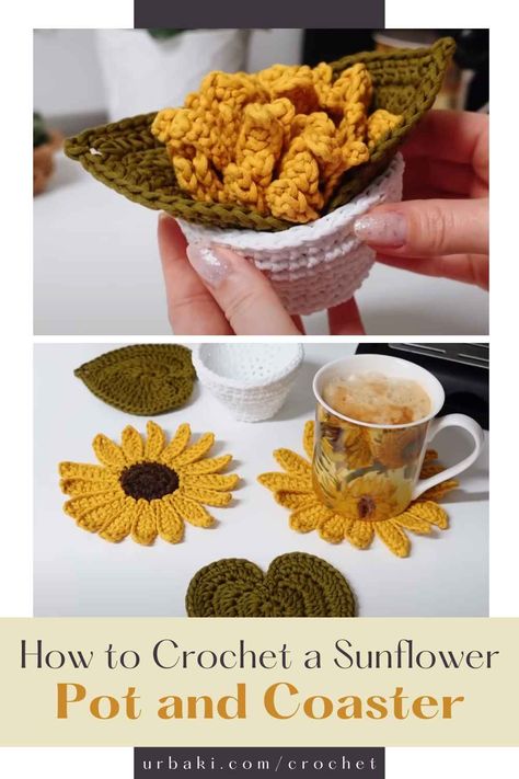 Sunflower Delight: Crochet a Pot That Turns into a Coaster in No Time Practical Crochet Gifts, Practical Crochet Projects, Sunflower Pot, Crochet Goddess, Potted Sunflowers, Crochet Craft Fair, Crochet Necklace Pattern, Fast Crochet, Quick Crochet Patterns