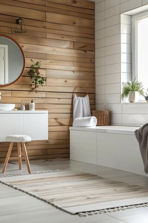 Fresh Shiplap Bathroom Wall Ideas for Your Home Wood Wall Bathroom Modern, Bathroom Wall Ideas Wood, Wood Wall Behind Bathroom Vanity, Wood In Bathroom Wall, Bathroom With Wood Accent Wall, Wood Paneling Bathroom Wall, Bathroom With Shiplap Accent Wall, Bathroom Wall Treatments, Wood Shower Walls