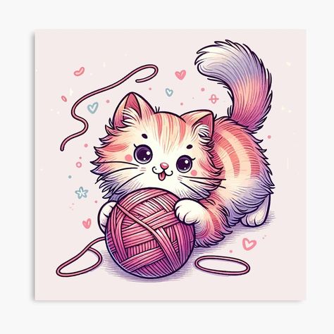 Get my art printed on awesome products. Support me at Redbubble #RBandME: https://www.redbubble.com/i/canvas-print/Purring-Delight-Charming-Kitten-with-Yarn-Ball-Illustration-by-FarBeyound/160235611.5Y5V7?asc=u Yarn Ball Illustration, Ball Illustration, Cat Roll, Illustration Canvas, 2024 Ideas, Canvas Purse, Painted Canvas, Yarn Ball, Cat Playing