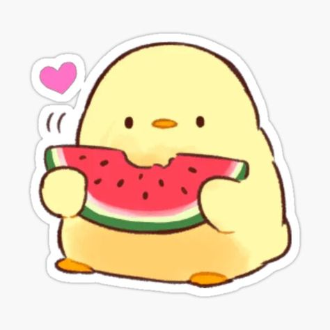 Chicken eating a waermeon Chibi Chicken, Drawing Chicken Cute, Kawaii Chicken Wallpaper, Chicken Sticker, Fried Chicken Sticker, Eating Watermelon, Chicken Eating, Baby Chicks, Watermelon