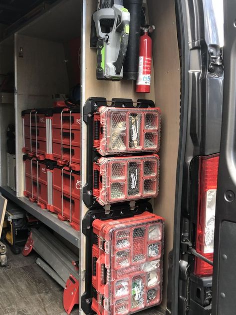 Milwaukee Packout Ideas, Work Truck Organization, Work Truck Storage, Milwaukee Tool Box, Van Organization, Truck Organization, Van Shelving, Work Trailer, Van Racking