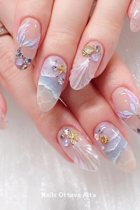 44 Gorgeous Mermaid Nails to Make You Feel like a True Ocean Goddess Nail Art With Crystals, Ocean Nail Art Sea, Water Nails Acrylic, Sea Shell Nail Designs, Ocean Gel Nails, Nails With Shells, Ocean Acrylic Nails, White Mermaid Nails, Mermaid Nails Acrylic