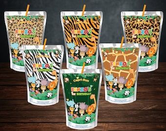 Madagascar Party | Etsy Capri Sun Juice, Juice Label, Animals Birthday Party, Jungle Thema, Jungle Theme Parties, Animal Jungle, Straw Flags, Safari Decorations, Animal Safari