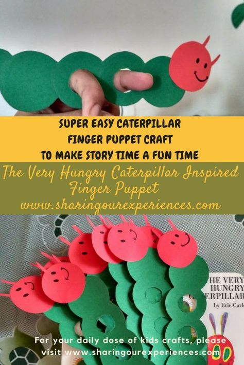 DIY Caterpillar Finger Puppet -  A wonderful prop to make the story time interesting and effective #Caterpillar #Craft #Kids #Crafts #Activities #Toddler #Preschoolers #Hungry #Caterpillar #ericarle #Papercrafts #Puppet #Bookreading #Fun #Preschool #Learning #Storytelling Diy Caterpillar, Literacy Crafts, Diy Puppets, Thema Fruit, Caterpillar Activities, Hungry Caterpillar Activities, Caterpillar Craft, Toddler Class, Puppets Diy