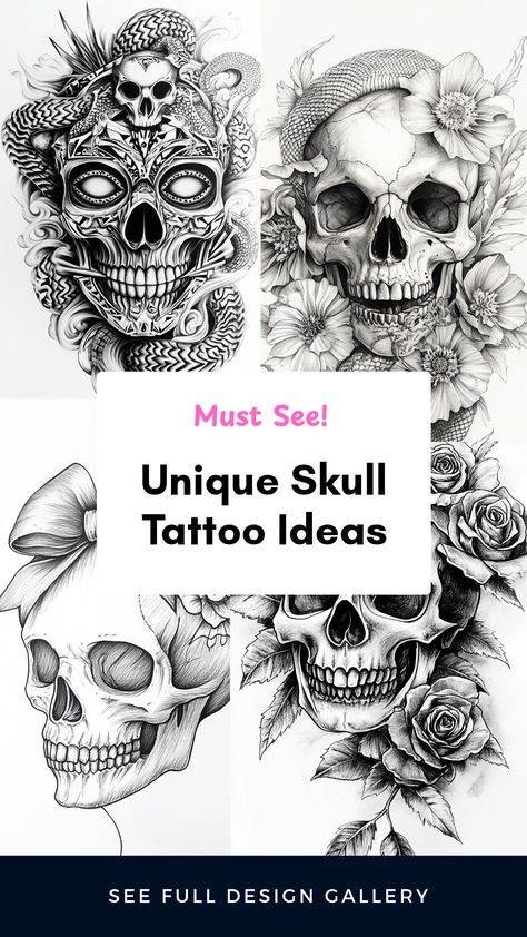 Explore creative skull tattoo designs featuring various styles and decorative elements. The pin includes 4 vibrant images showcasing unique tattoo ideas that express strength and individuality. Skull With Lily Tattoo, Pretty Skull Tattoos For Women Sleeve, Celtic Skull Tattoo, Creepy Tattoos For Women, Blackwork Skull Tattoo, Pretty Skull Tattoos For Women, Skull And Rose Tattoo Design, Skull Floral Tattoo, Skull And Flowers Tattoo Design