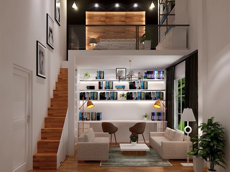 Living room and Bedroom with Mezzanine floor Small Mezzanine House Design, Mezanine Room, Mezanine Interior Design, Mezanine Interior, Mezzanine Living Room, Mezzanine House Design, Bedroom With Mezzanine, House With Mezzanine, Mezzanine Floor Design