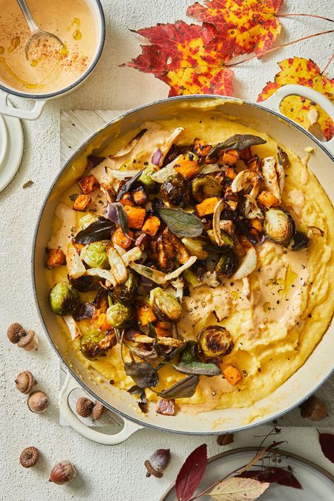 Pumpkin Sage Polenta with Roasted Vegetables - DeLallo Polenta With Roasted Vegetables, Pumpkin Polenta, Roasted Fall Vegetables, Fall Veggies, Polenta Recipes, Chicken And Butternut Squash, Dinner Inspiration, Fall Dinner, Recipe Roundup