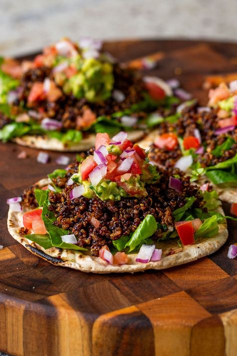 3 crispy quinoa tacos on a serving tray Quinoa Taco Meat, Taco Meat Recipe, Creamy Guacamole, Vegan Tacos Recipes, Quinoa Tacos, Crispy Quinoa, Vegan Sandwiches, Taco Meat Recipes, Vegan Richa