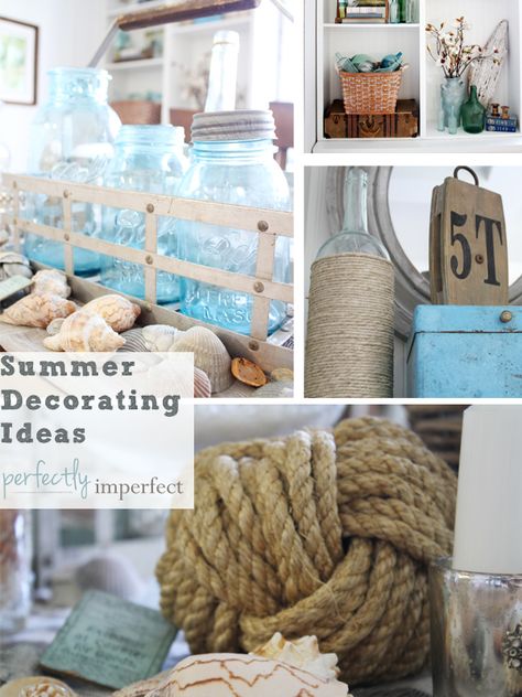 SUMMER DECORATING IDEAS Nautical Knots Decor, Shelf Decorating Ideas, Nautical Shelf, Shelf Decorating, Summertime Decor, Coastal Style Decorating, Nautical Knots, Beachy Decor, Beach Cottage Decor