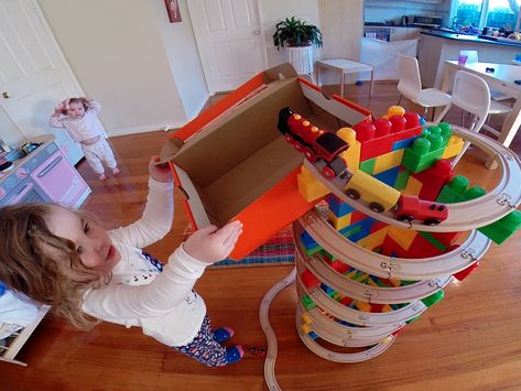 Catching the trains at the end of the track. The slight problem with this train set was there was a rather shape drop at the end of the summit! Ikea Train Set, Ikea Train, Brio Train, Ikea Kids, Childcare Activities, Kids Training, Train Set, Train Layouts, Thomas And Friends