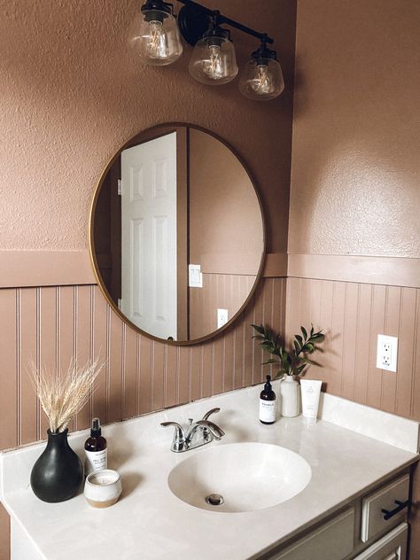 Moody Guest Bathroom Budget Renovation 50s Inspired Bathroom, Modern Mocha Bathroom, Dark Storm Cloud Behr, Dusty Rose Bathroom, Moody Guest Bathroom, Mauve Bathroom, Blush Bathroom, Tan Bathroom, Seattle Slew