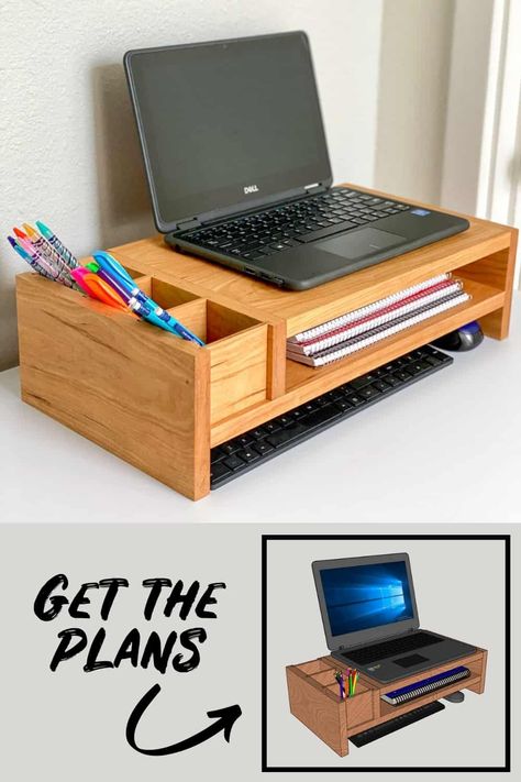 Are you working from home on a laptop? Are your kids remote learning on a laptop? You need this DIY laptop stand! It puts the monitor at the right height for video calls, and adds storage for pencils and notebooks as well as an external keyboard and mouse! The woodworking plans include a beginner and advanced version, so anyone can build it! Get the woodworking plans to make your own laptop stand or monitor stand at The Handyman's Daughter! Diy Monitor Stand, Diy Laptop Stand, Minimalist Products, Simple Bookcase, Diy Laptop, Add Storage, Wall Decor Wood, Pencil Storage, Woodworking Plans Diy