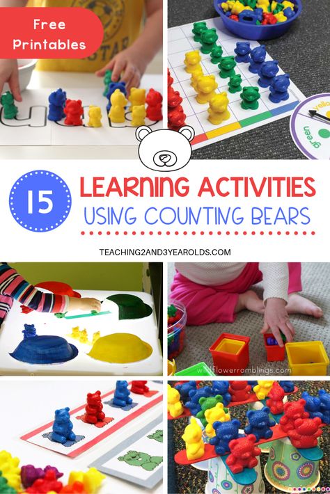 These counting bears activities are a fun way to introduce a variety of skills with preschoolers. Free educational printables included! #preschool #colors #math #literacy #finemotor #printables #sensory #STEM #science #countingbears #age3 #age4 #teaching2and3yearolds Counting Bears Printables Free, Montesorri Shelves, Counting Bears Activities, Bear Activities Preschool, Playdough Learning Activities, Math Patterns Activities, Bears Preschool, Counting Bears, Free Educational Printables