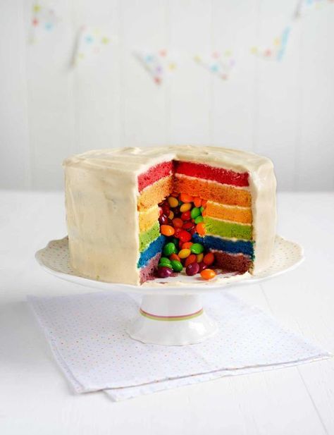 Surprise Skittles Cake... Skittle Cake, Birthday Cake 2023, Skittles Cake, Rainbow Cake Ideas, Wedding Cake Fillings, Skittles Rainbow, Fireman Sam Cake, Surprise Inside Cake, Cake Recipes Uk