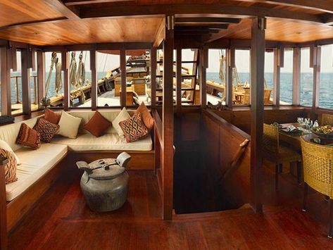 Luxury Crewed Sailing Yacht Phinisi 50 - 5 Cabins - Komodo and Raja Ampat, Indonesia Photos and Images - Boatbookings Sailing Yacht Interior, England Houses, Boat House Interior, Sailboat Interior, Working Boat, Outdoor Lounge Area, Raja Ampat, Private Yacht, Yacht Interior