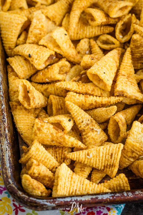 Bugles Chex Mix recipe! Imagine the satisfying crunch of Bugles coated in a tantalizing blend of seasonings, creating a snack that's perfect for any occasion. Dip For Bugle Chips, Recipes Using Bugles, Bugle Dip Recipes, Ranch Bugles Snack Mix Recipes, Seasoned Bugles, Original Chex Party Mix Recipe Oven, Best Homemade Chex Mix Recipe, Bugle Mix Recipe, Bugle Chex Mix Recipes