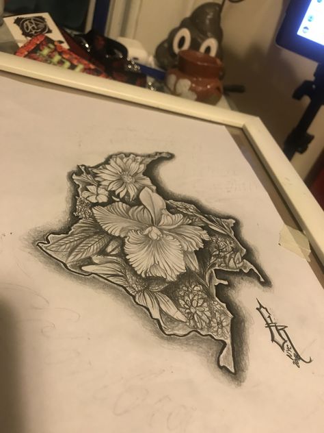 Colombian Art Tattoo, Colombian Heritage Tattoo, Colombian Orchid Tattoo, Colombian Flower Tattoo, Colombia Map Tattoo, Colombian Inspired Tattoo, Colombia Tattoo Ideas Men, Colombia Inspired Tattoo, Colombia Tattoo Ideas For Women