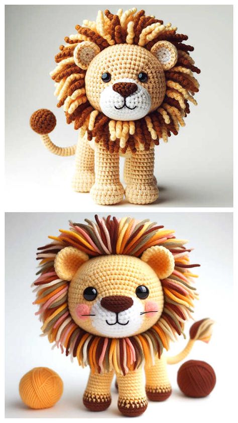 Crochet Lion Pattern Free, Lion Crochet Pattern Free, Lion Amigurumi, Lion Crochet, Crocheted Animals, Crochet Lion, Easy Crochet Animals, Knitting Dolls Clothes, Animal Crochet