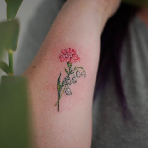 Cute carnation and lily of the valley for Kayleigh . . . . . . . . #flower #flowertattoo #carnationtattoo #botanicaltattoo #smalltattoos… Cosmos And Lily Of The Valley Tattoo, Rose And Lily Of The Valley Tattoo, Rose Tattoo Simple, Duo Tattoos, Carnation Tattoos, Ankle Tats, Carnation Flower Tattoo, Name Flower Tattoo, Lily Of The Valley Tattoo