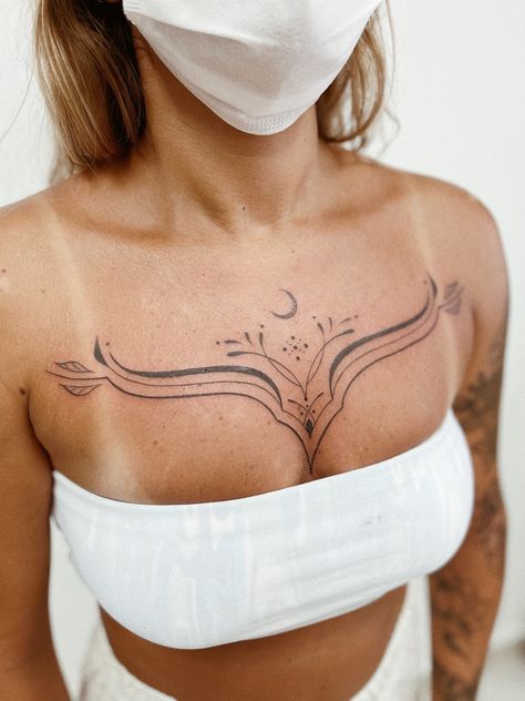 Ornamental Viking Tattoo, Flat Chest Tattoo Female, Chest Tattoos For Women Unique, Above Chest Tattoo, Inner Chest Tattoos For Women, Ornamental Chest Tattoo Female, Necklace Tattoo Women, Feminine Chest Tattoo For Women, Symmetrical Collar Bone Tattoo