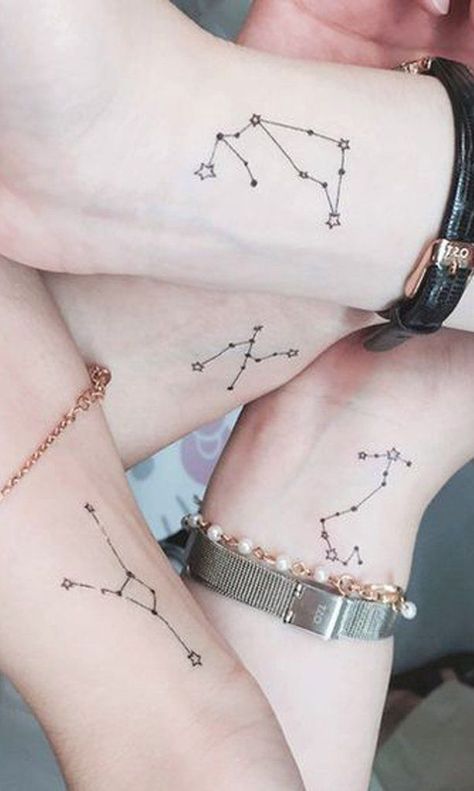 210+ Amazing Constellation Tattoos With Meanings (2023) - TattoosBoyGirl Matching Tattoos For Best Friends Of 4, 4 Matching Tattoos Friends, Matching Tattoos For Friends Of 4, Tattoo Ideas 4 Friends, 4 Friend Tattoos Matching, Wrist Constellation Tattoo, Four Person Matching Tattoo, Matching Friend Tattoos For 4, 4 Way Matching Tattoos