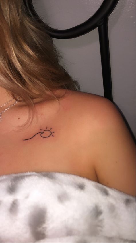 Wave, sun tattoo Water And Sun Tattoo Ideas, Sun Tattoo With Quote, Collar Bone Wave Tattoo, Wave Henna, Wave Sun Tattoo, Sun And Ocean Tattoo, Sun And Wave Tattoo, Wave And Sun Tattoo, Trendy Tattoo Ideas