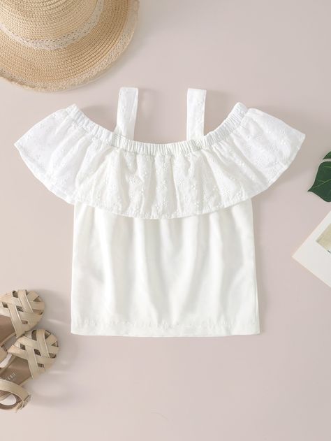 White Casual  Short Sleeve Polyester Plain Top Embellished Non-Stretch Summer Toddler Girls Clothing Ruffle Tops, Girls Blouse, Plain Tops, Ruffle Shirt, Toddler Girl Outfits, Embroidered Blouse, White Casual, Girls Clothing, Toddler Girls