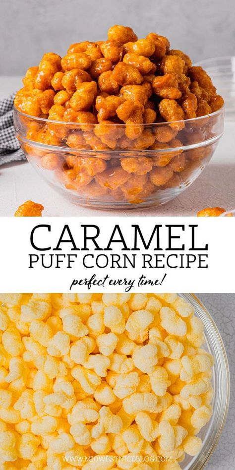 Caramel Puff Corn Recipe Microwave, Carmel Corn Puffs Recipe, Carmel Puff Corn Recipe Easy, Concession Stand Baked Goods, Carmel Puffcorn Recipe Microwave, Puffed Caramel Corn, Puffed Corn Caramel Corn, Caramel Puffed Corn, Chesters Puffcorn Caramel Corn