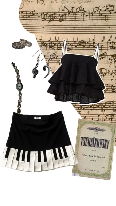 piano inspired outfit for musicians with a fancy skirt Classical Outfits, Piano Clothes, Piano Skirt, Fancy Skirts, Fancy Outfit, Character Fashion, Inspired Outfits, Fancy Outfits, Life Motivation