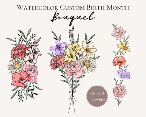 Colorful Flower Bouquet Tattoo, Birth Bouquet Tattoo, Dainty Flower Bouquet Tattoo, Family Flower Bouquet Tattoo, Birth Month Flower Tattoos Bouquet, Flower Tattoo Bouquet, Flower Bouquet Tattoo Design, Line Flower Bouquet, Bouquet Tattoo Design