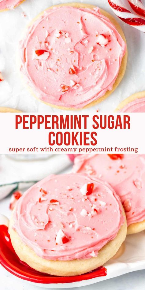 These peppermint sugar cookies are tender and buttery with a delicious hint of peppermint. Then they're frosted with creamy peppermint frosting and topped with crushed candy canes for a delicious Christmas cookie that looks beautiful on your cookie tray! #cookies #christmas #candycanes #peppermint #sugarcookies #holidays from Just So Tasty Peppermint Dust Recipes, Peppermint Cream Cheese Cookies, Frosted Peppermint Cookies, Peppermint Icing For Cookies, Peppermint Icing Recipe, Frosted Christmas Sugar Cookies, Christmas Cookies Recipes Peppermint, Peppermint Frosting Recipe, Crushed Peppermint Cookies