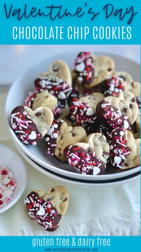 Chocolate Chip Valentine Cookies, Valentines Choc Chip Cookies, Valentines Cookies Chocolate Chip, Valentine’s Day Chocolate Chip Cookies, Mini Valentine Cookies, Valentine Chocolate Chip Cookies, Gluten Free Valentines Day Desserts, Gluten Free Valentines Day Treats, Heart Chocolate Chip Cookies