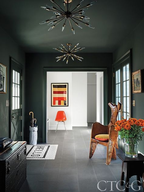 Dark Green Wall And Ceiling, Painted Ceiling Dark Green, Dark Green Bedroom Painted Ceiling, Dark Ceiling Entryway, Green Room Painted Ceiling, Studio Green Farrow And Ball, Dark Green Color Drenching, Green Painted Rooms, Dark Painted Walls