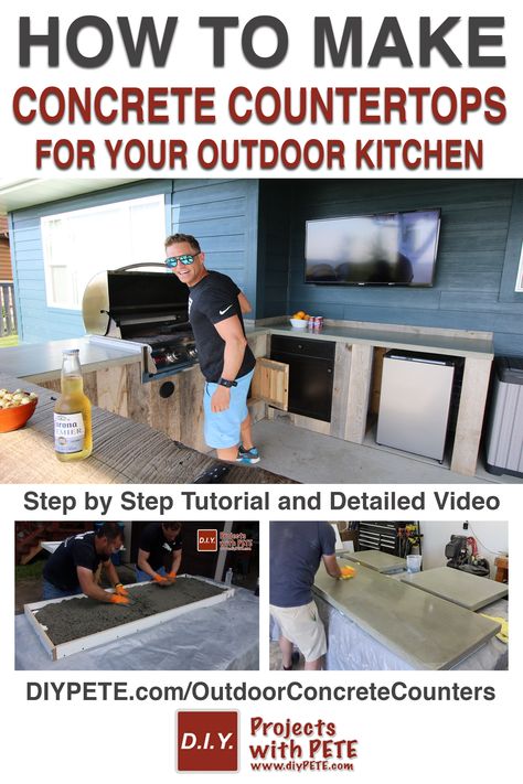 Make your own concrete countertops for your outdoor kitchen! This is the most in-depth video and tutorial explaining the process to build concrete counters. I have confidence you can build your own counters! My buddy and I built the counters for under $200, and they turned out awesome. Cheers! Diy Outdoor Concrete Countertops, Outdoor Cement Countertops, Diy Outdoor Countertop, Outdoor Kitchen Under Deck, Outdoor Countertop Ideas, Outdoor Countertops, Grill Shelter, Deck Oasis, Making Concrete Countertops