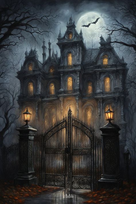 Haunted Manor: Spooky Full Moon Horror Scene 🌕 Dracula Mansion, Haunted Victorian Mansion, Ghost Mansion, Gothic House Exterior, Horror Mansion, Halloween Mansion, Haunted Farmhouse, Haunted House Pictures, Tiktok Selfie